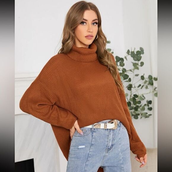 Shein Funnel Neck Drop Shoulder Ribbed Knit Sweater - Picture 2 of 15